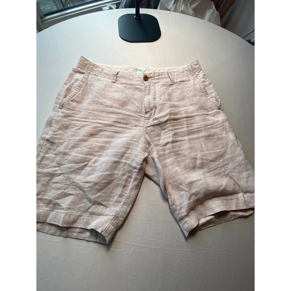 Tommy Bahama Mens 32 Linen Shorts Beige White Slub Flat Front Casual Coastal
